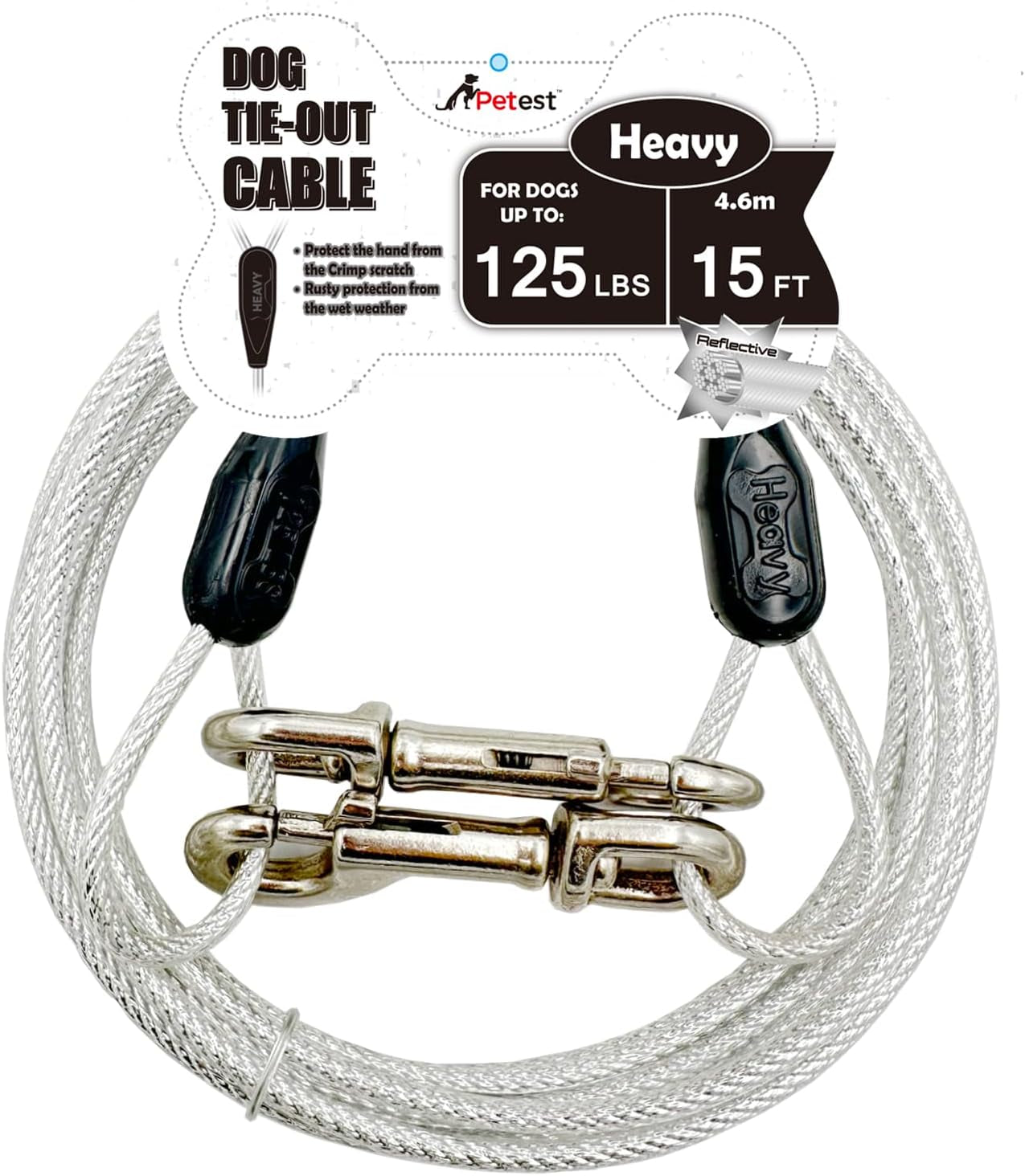 15Ft Reflective Tie-Out Cable for Large Dogs up to 90 Pounds