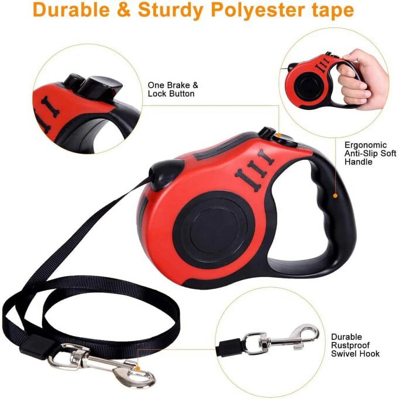 Retractable Dog Leash, Pet Walking Leash with Anti-Slip Handle, Strong Nylon Tape, Tangle-Free, One-Handed One Button Lock & Release, Suitable for Small Medium Dog Cat,16 Ft, Red