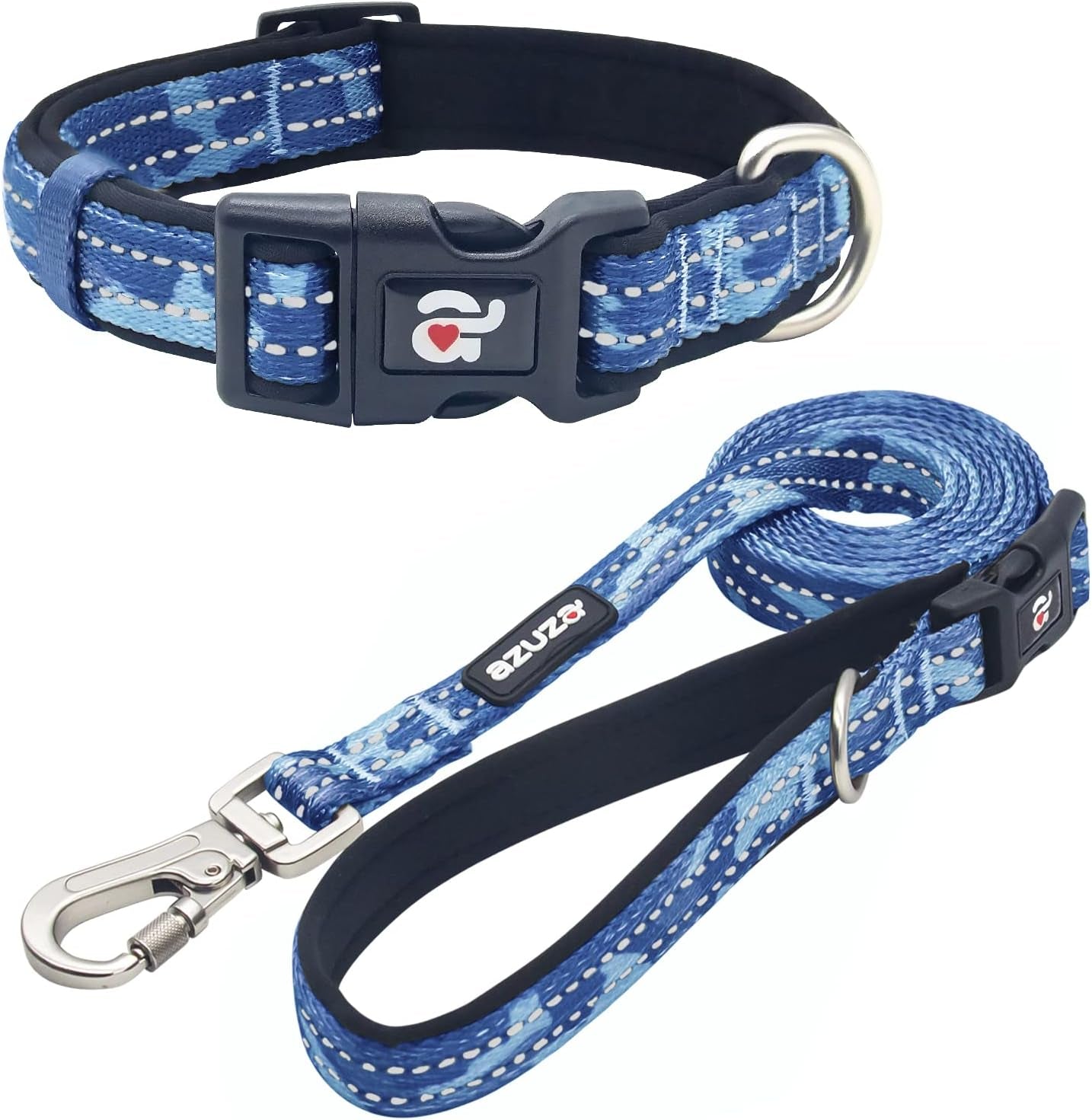 Reflective Dog Collar and Leash Set with Airtag Holder, Blue Camo Padded Collar with Matching Clip Handle Leash for Medium Dogs