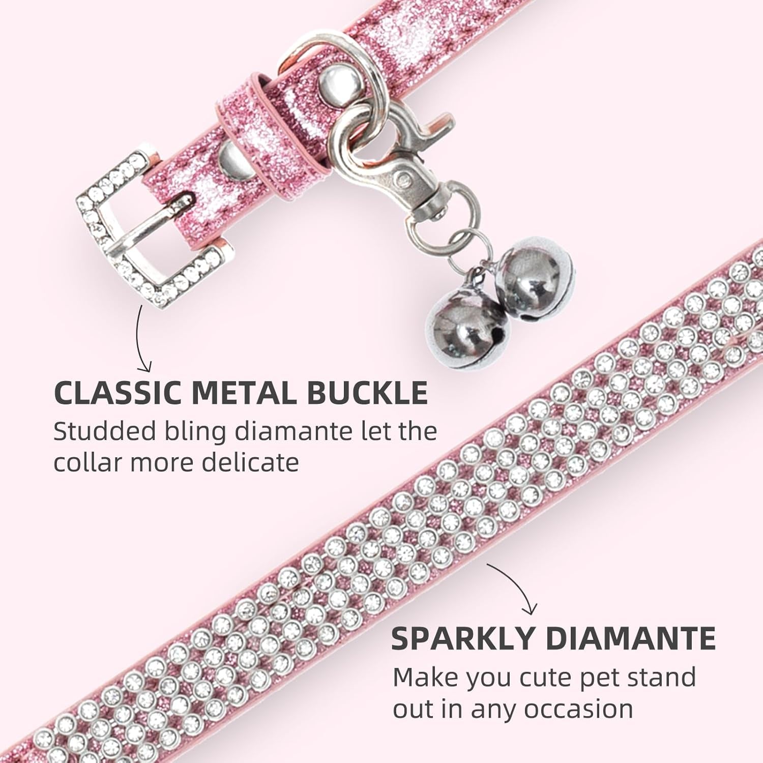 Basic Adjustable Cat Collar with Bling Diamond and Double Bells, for Kitten and Small Puppy, Fashion and Shining Dog Rhinestone Collars, 8-10 In, Pink