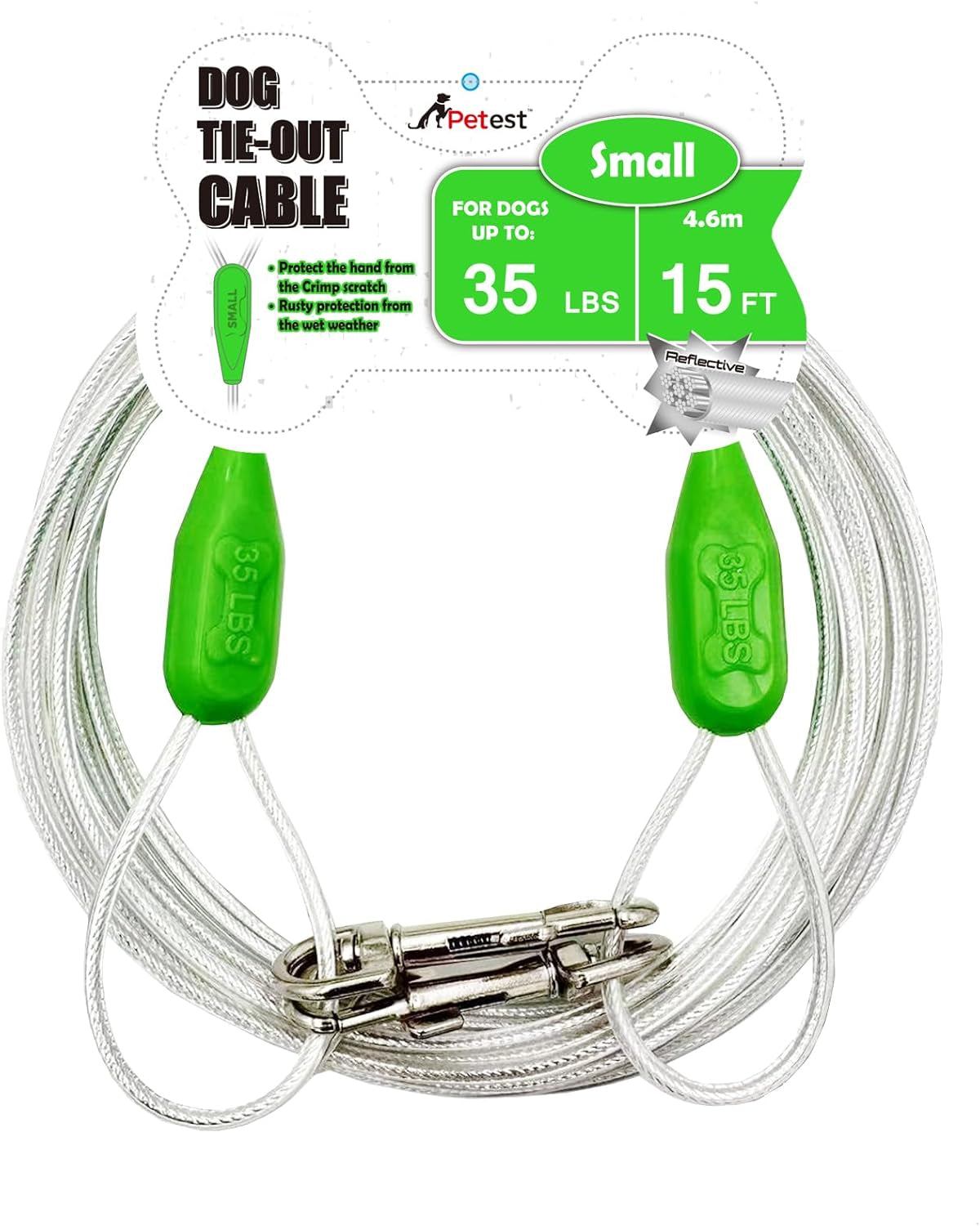 15Ft Reflective Tie-Out Cable for Large Dogs up to 90 Pounds