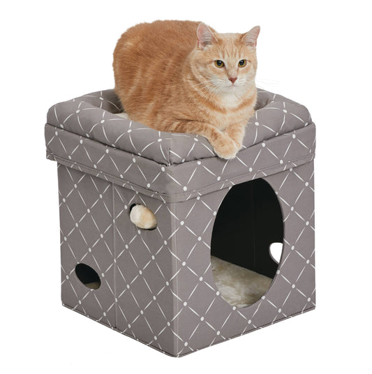 Curious Cat Cube, Foldable Cat Cube for at Home or Traveling Play Mushroom