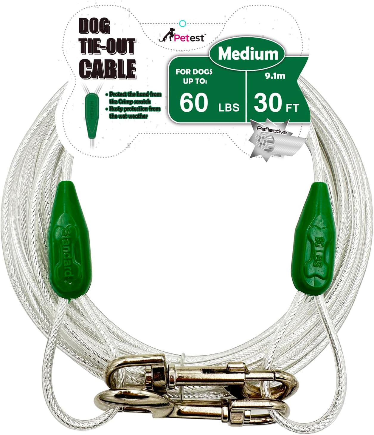 15Ft Reflective Tie-Out Cable for Large Dogs up to 90 Pounds