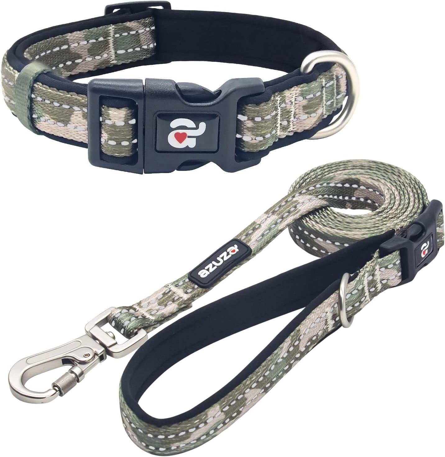 Reflective Dog Collar and Leash Set with Airtag Holder, Blue Camo Padded Collar with Matching Clip Handle Leash for Medium Dogs