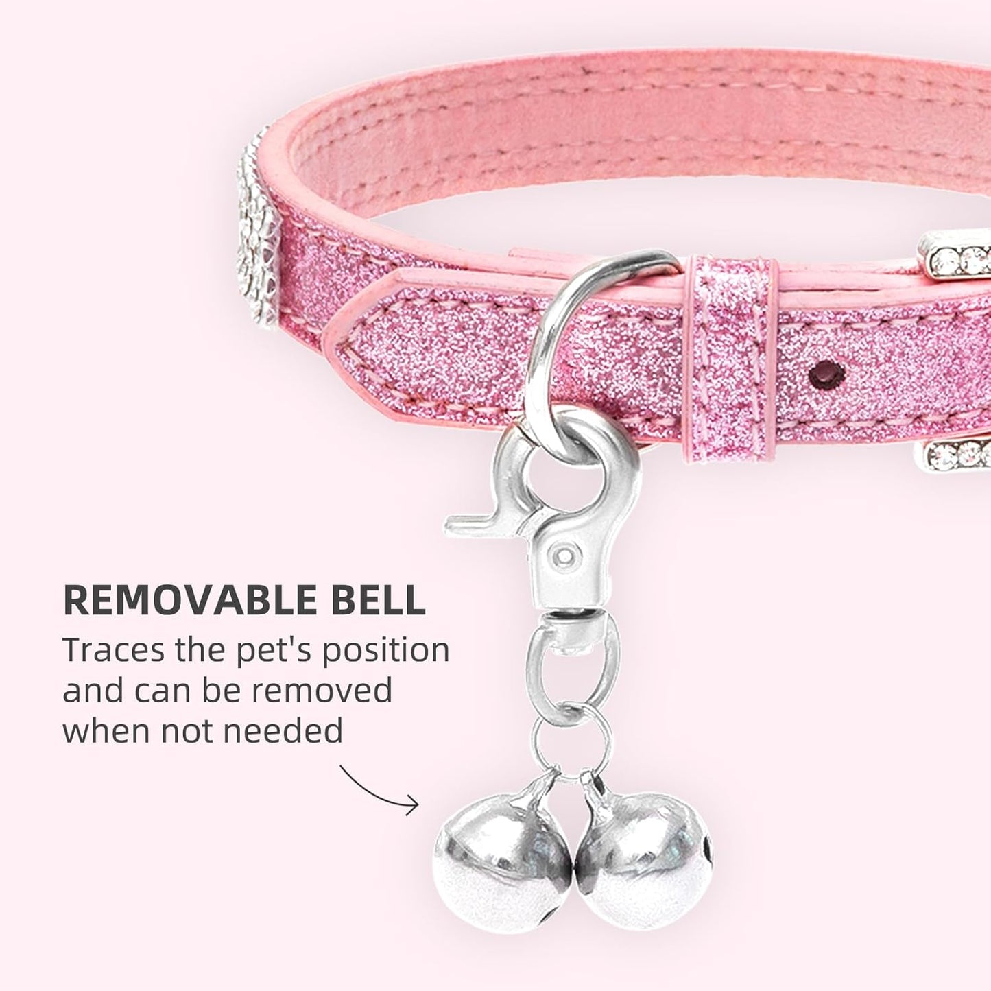 Basic Adjustable Cat Collar with Bling Diamond and Double Bells, for Kitten and Small Puppy, Fashion and Shining Dog Rhinestone Collars, 8-10 In, Pink