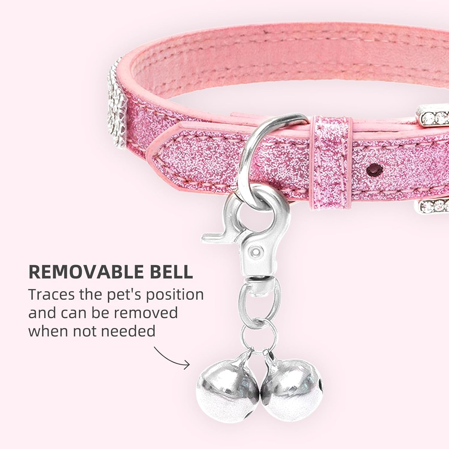 Basic Adjustable Cat Collar with Bling Diamond and Double Bells, for Kitten and Small Puppy, Fashion and Shining Dog Rhinestone Collars, 8-10 In, Pink