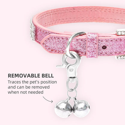 Basic Adjustable Cat Collar with Bling Diamond and Double Bells, for Kitten and Small Puppy, Fashion and Shining Dog Rhinestone Collars, 8-10 In, Pink