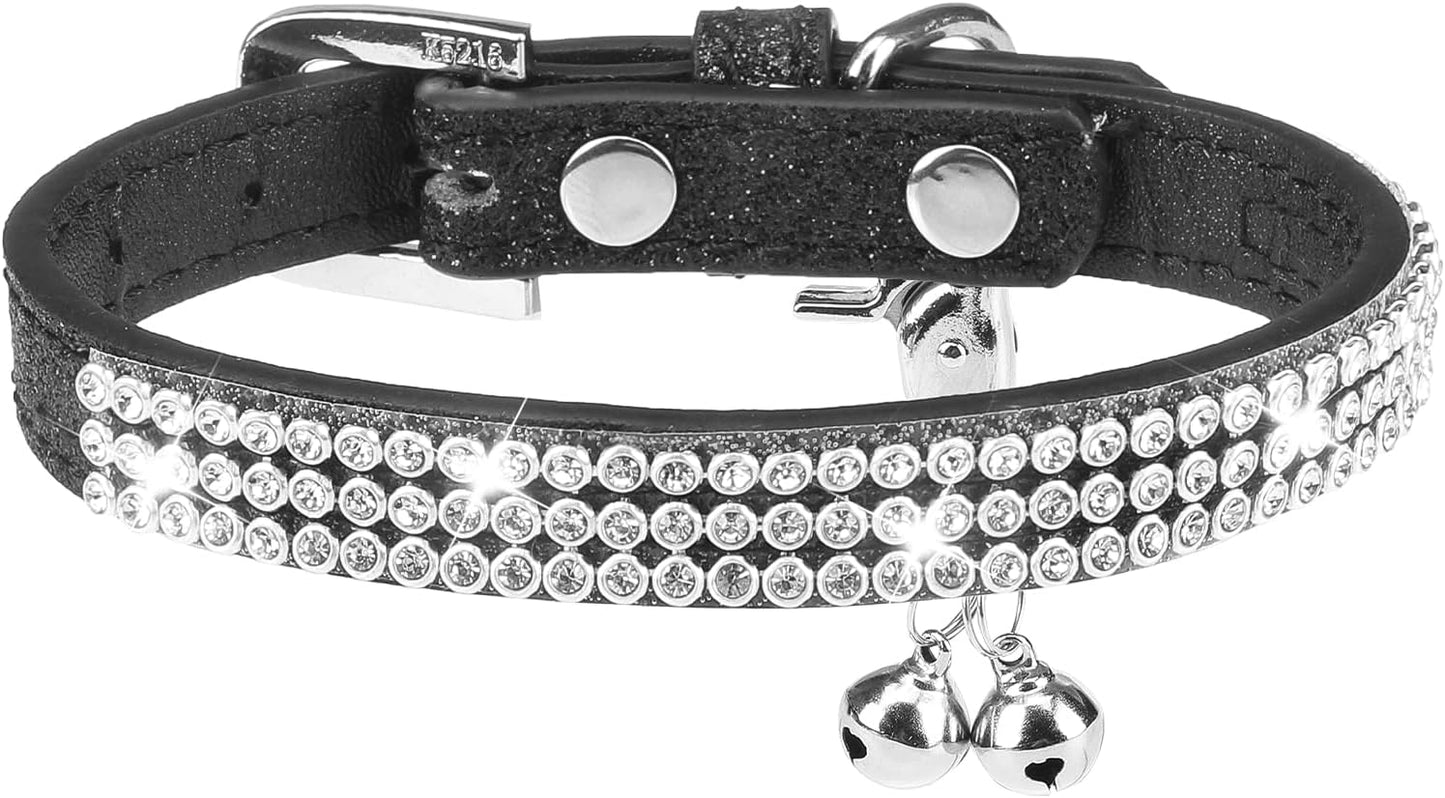 Basic Adjustable Cat Collar with Bling Diamond and Double Bells, for Kitten and Small Puppy, Fashion and Shining Dog Rhinestone Collars, 8-10 In, Pink