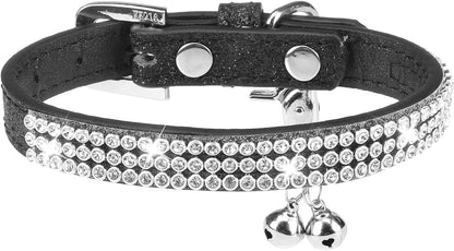 Basic Adjustable Cat Collar with Bling Diamond and Double Bells, for Kitten and Small Puppy, Fashion and Shining Dog Rhinestone Collars, 8-10 In, Pink
