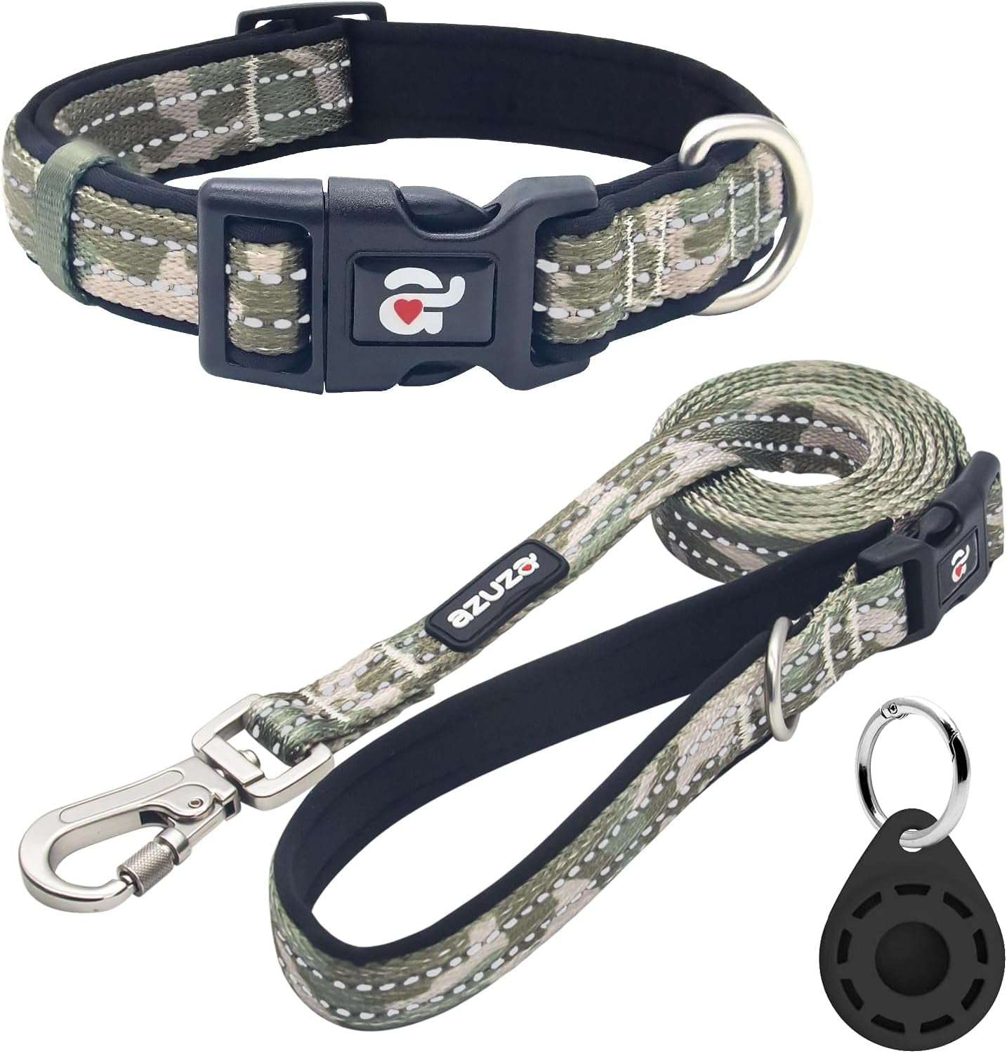 Reflective Dog Collar and Leash Set with Airtag Holder, Blue Camo Padded Collar with Matching Clip Handle Leash for Medium Dogs