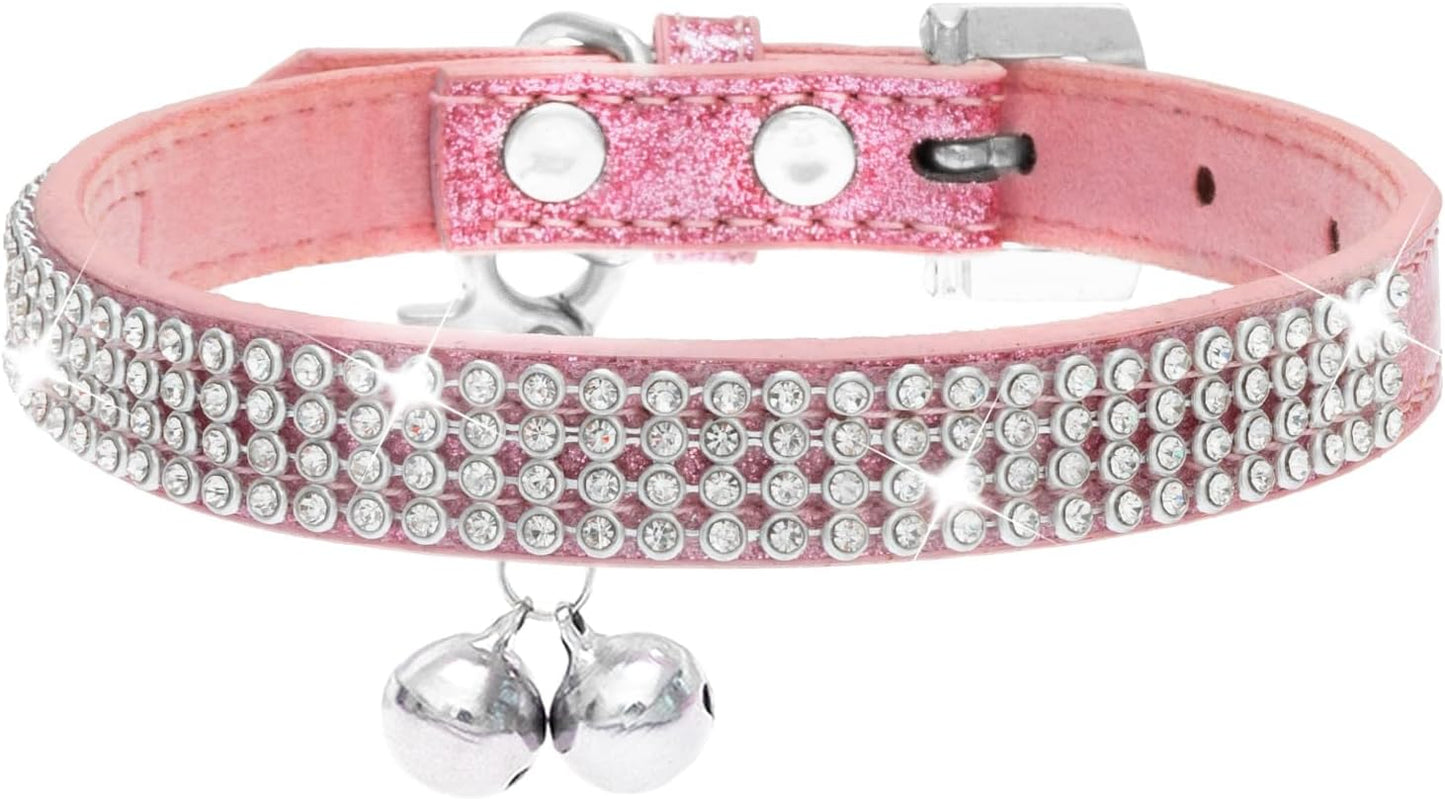 Basic Adjustable Cat Collar with Bling Diamond and Double Bells, for Kitten and Small Puppy, Fashion and Shining Dog Rhinestone Collars, 8-10 In, Pink