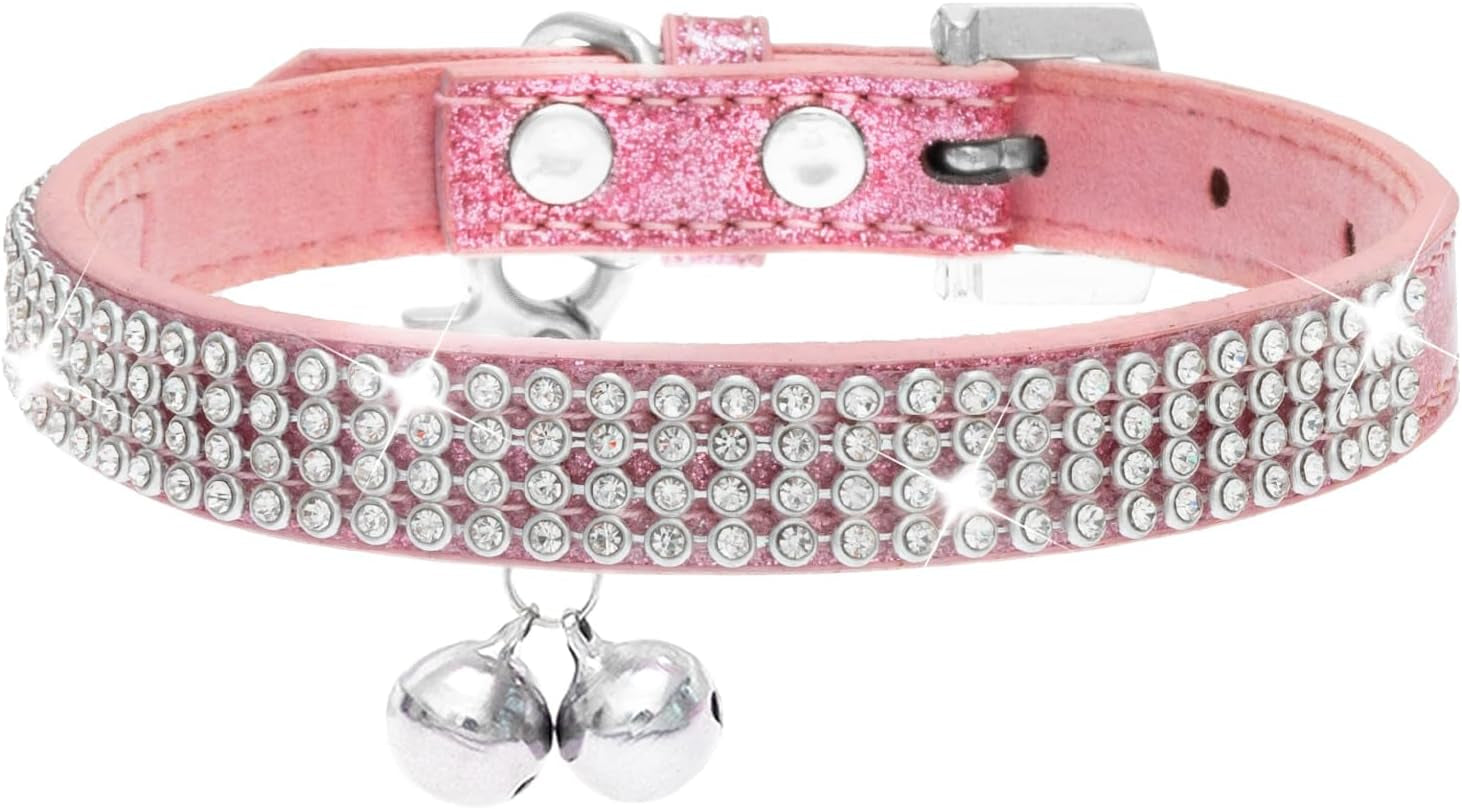 Basic Adjustable Cat Collar with Bling Diamond and Double Bells, for Kitten and Small Puppy, Fashion and Shining Dog Rhinestone Collars, 8-10 In, Pink