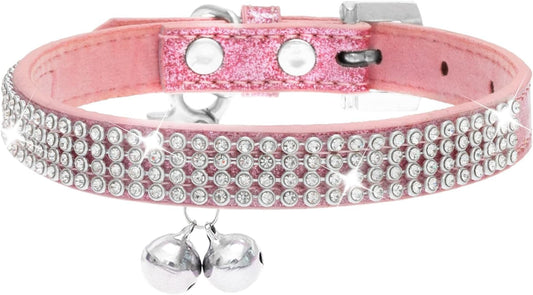 Basic Adjustable Cat Collar with Bling Diamond and Double Bells, for Kitten and Small Puppy, Fashion and Shining Dog Rhinestone Collars, 8-10 In, Pink